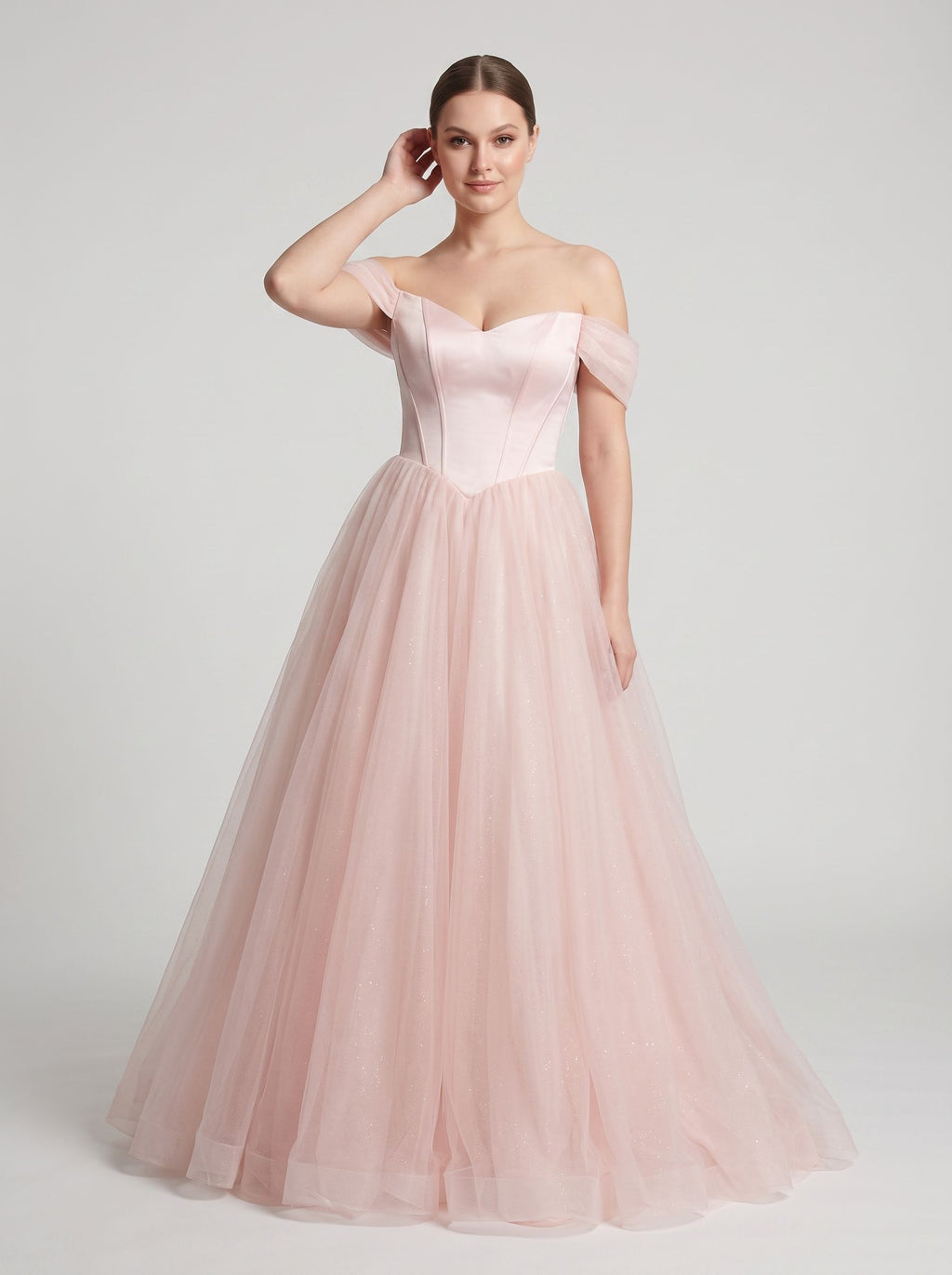 Blushing Pink Tulle A-Line Off-the-Shoulder Backless Floor-Length Dress with Built-In Bra
