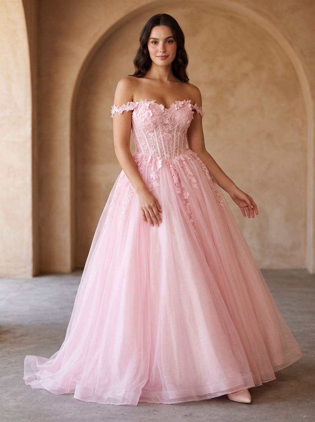 Petal Tulle A-Line Off-the-Shoulder Lace-up Floor-Length Dress with Lace Bodice
