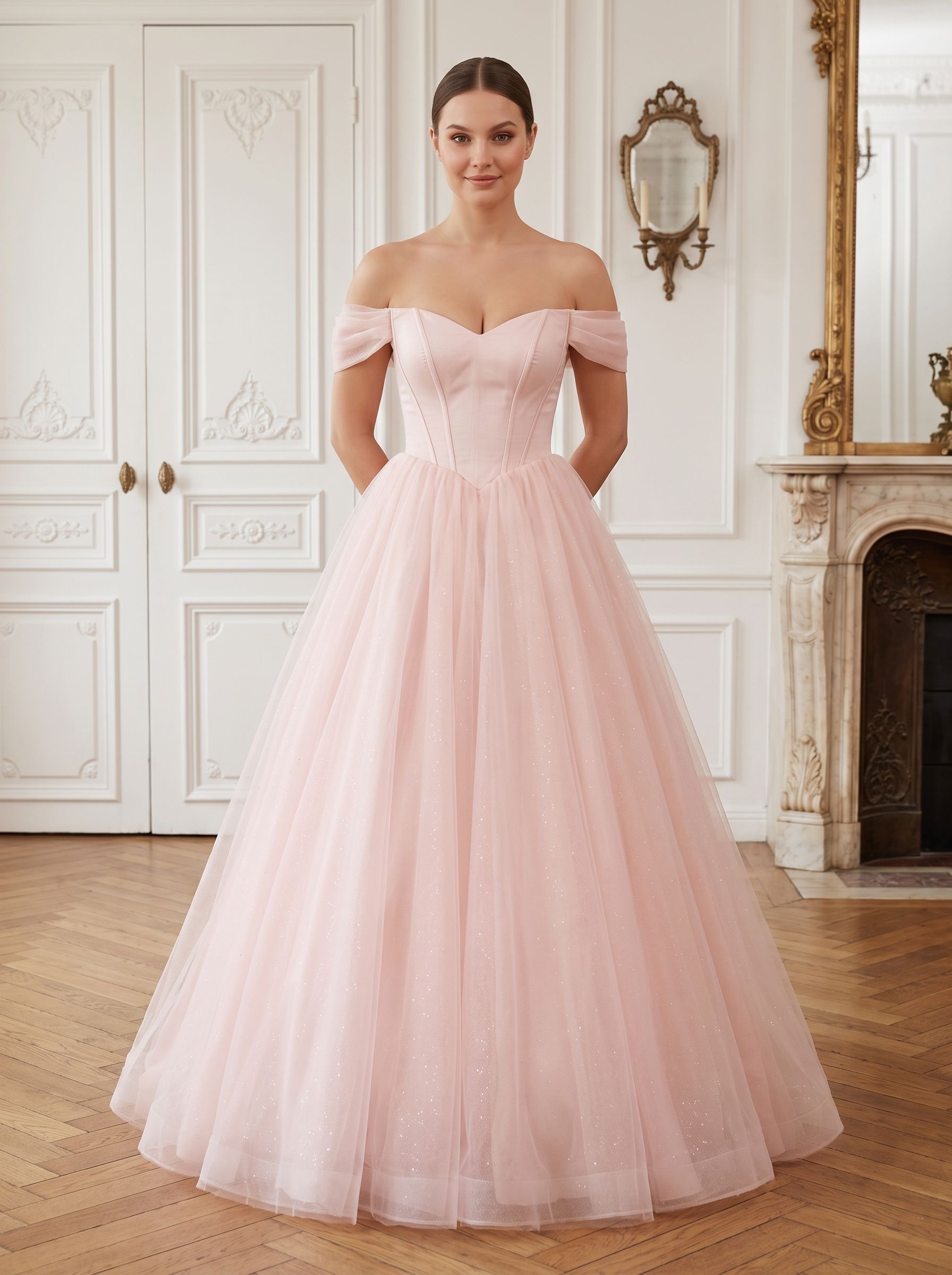 Blushing Pink Tulle A-Line Off-the-Shoulder Backless Floor-Length Dress with Built-In Bra
