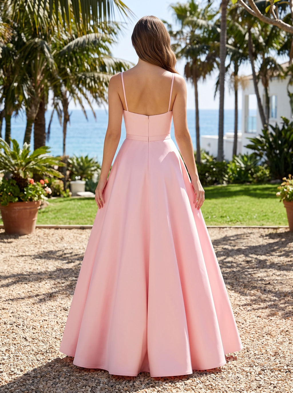 Petal Matte Satin A-Line V-Neck Back Zip Floor-Length Dress with Belted Waist