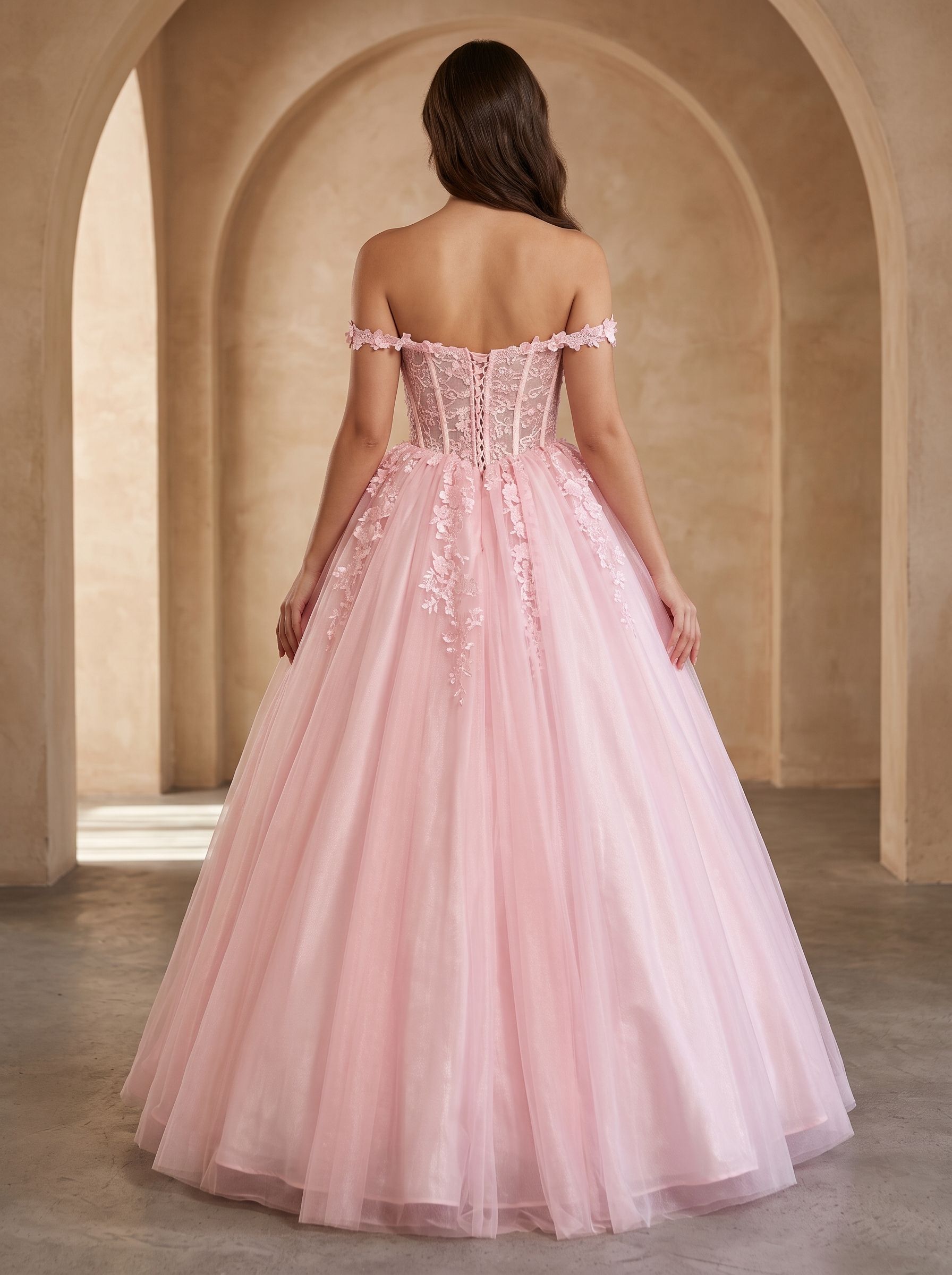 Petal Tulle A-Line Off-the-Shoulder Lace-up Floor-Length Dress with Lace Bodice
