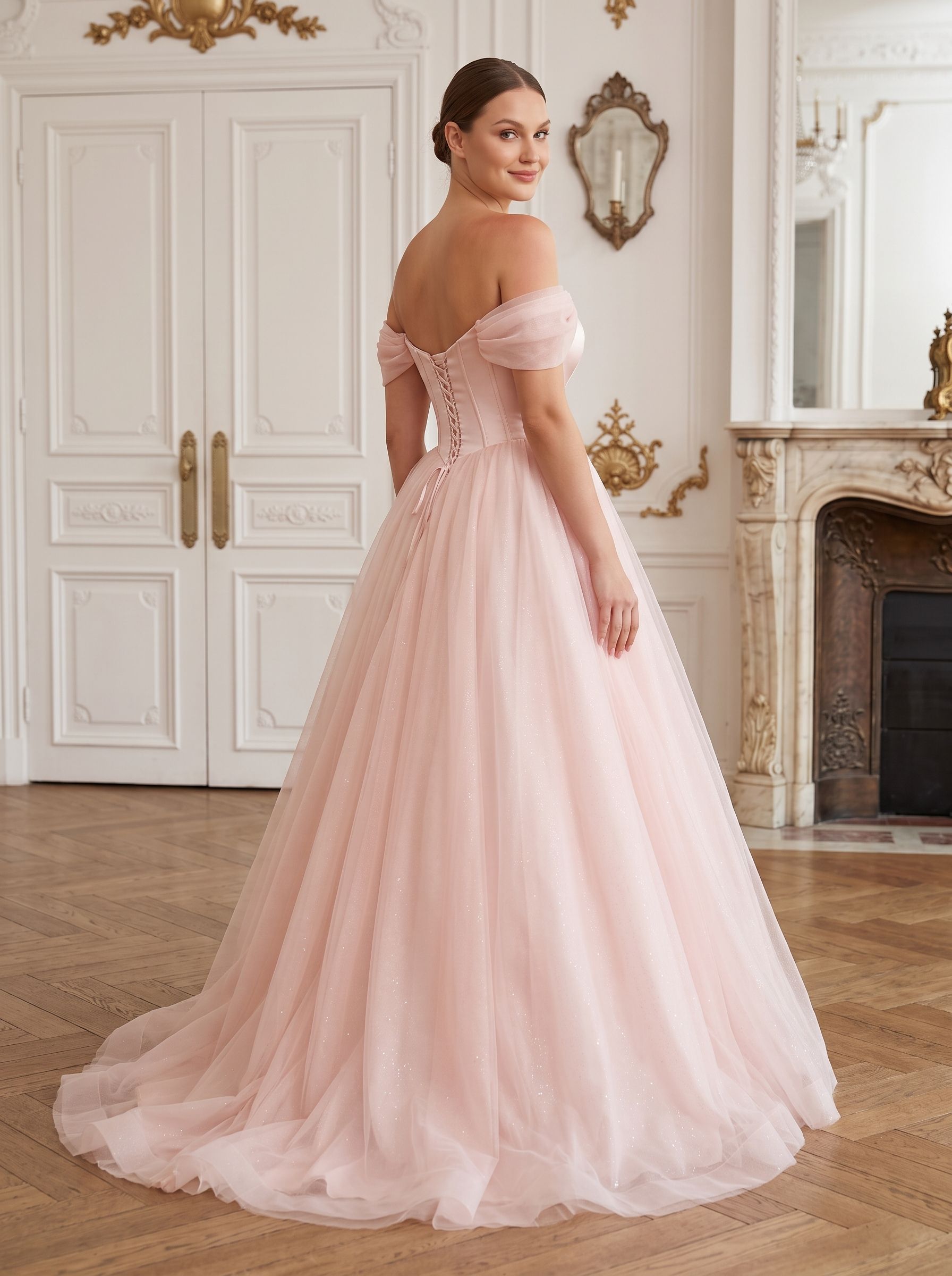 Blushing Pink Tulle A-Line Off-the-Shoulder Backless Floor-Length Dress with Built-In Bra