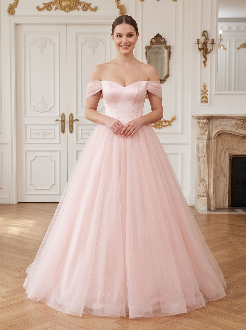 Blushing Pink Tulle A-Line Off-the-Shoulder Backless Floor-Length Dress with Built-In Bra