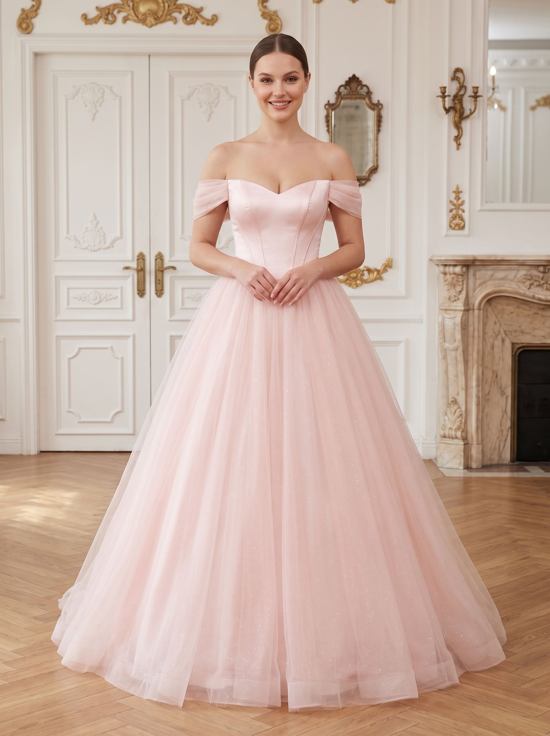 Blushing Pink Tulle A-Line Off-the-Shoulder Backless Floor-Length Dress with Built-In Bra