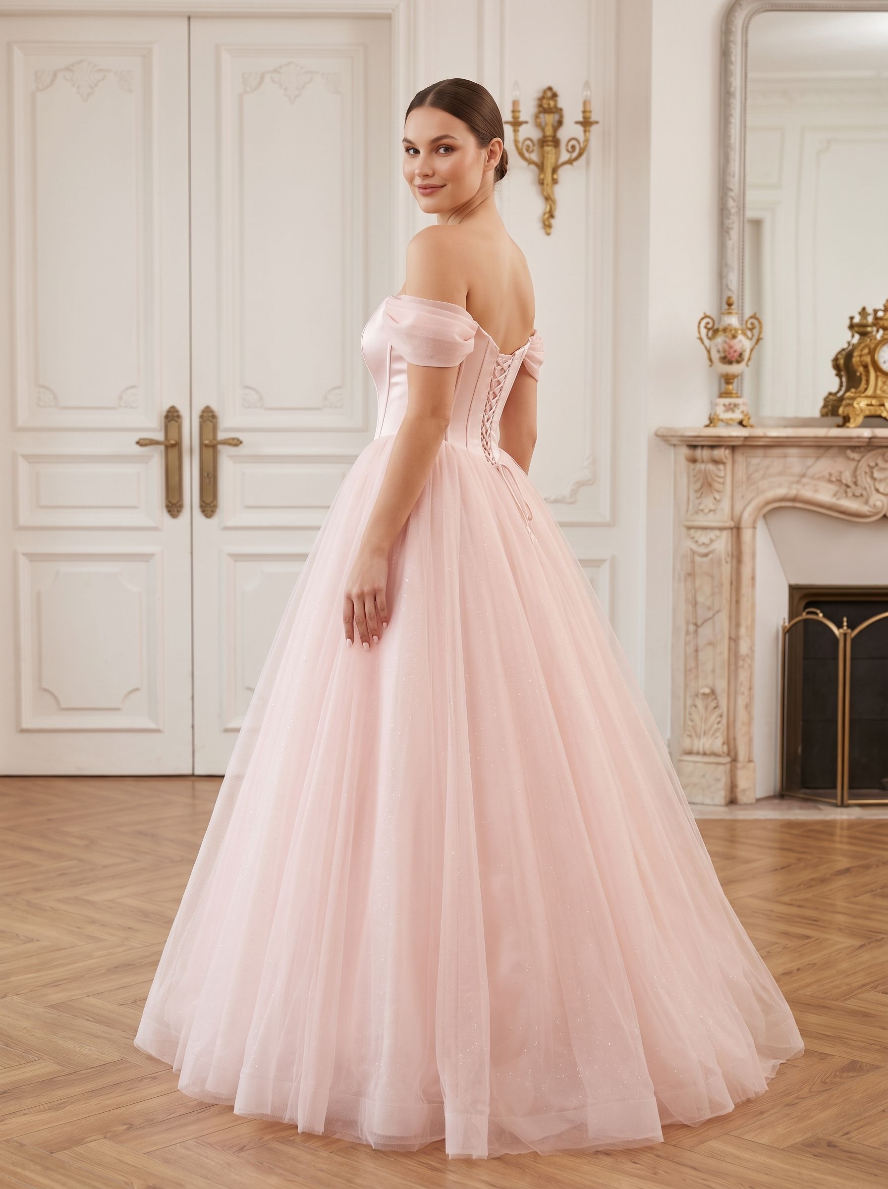 Blushing Pink Tulle A-Line Off-the-Shoulder Backless Floor-Length Dress with Built-In Bra