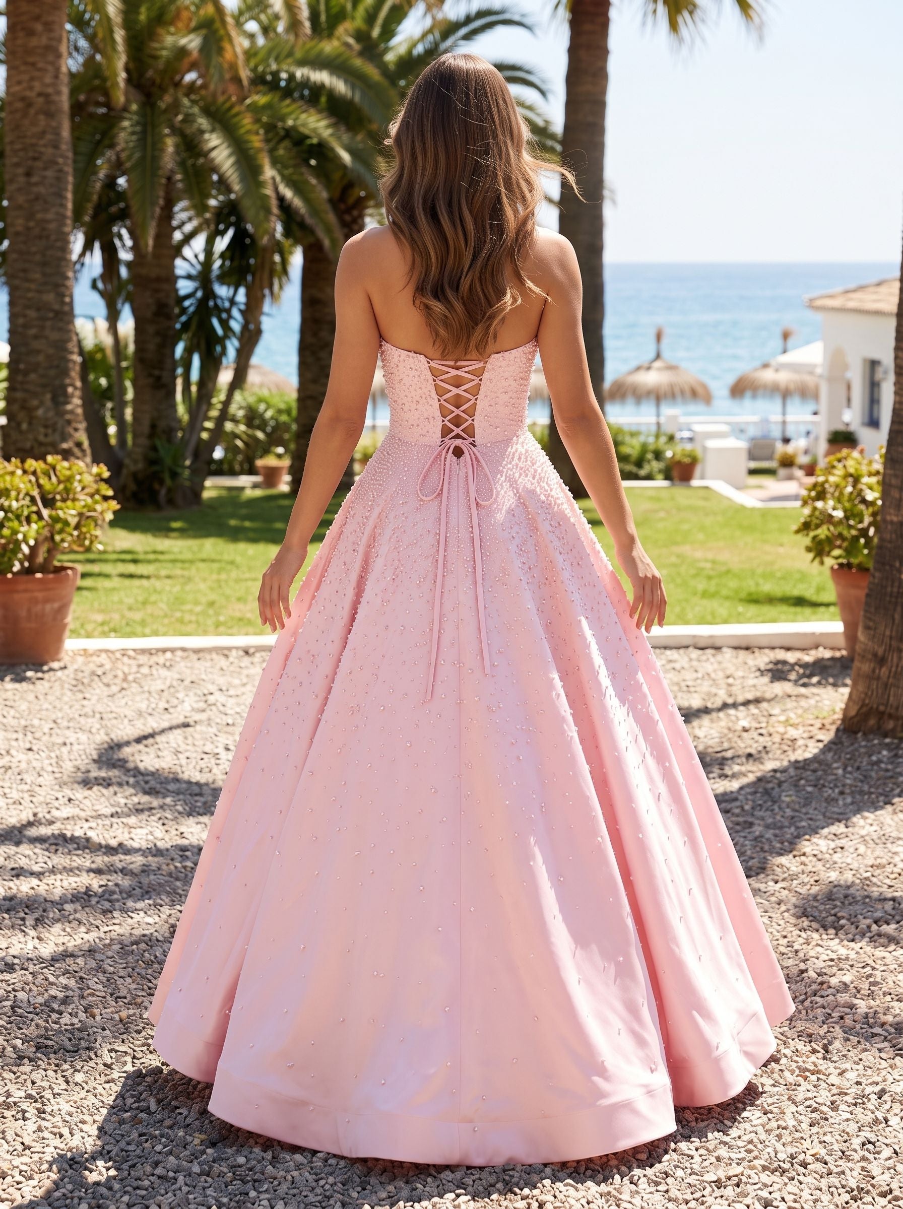 Petal Satin A-Line Sweetheart Criss-Cross Straps Floor-Length Dress with Pearls