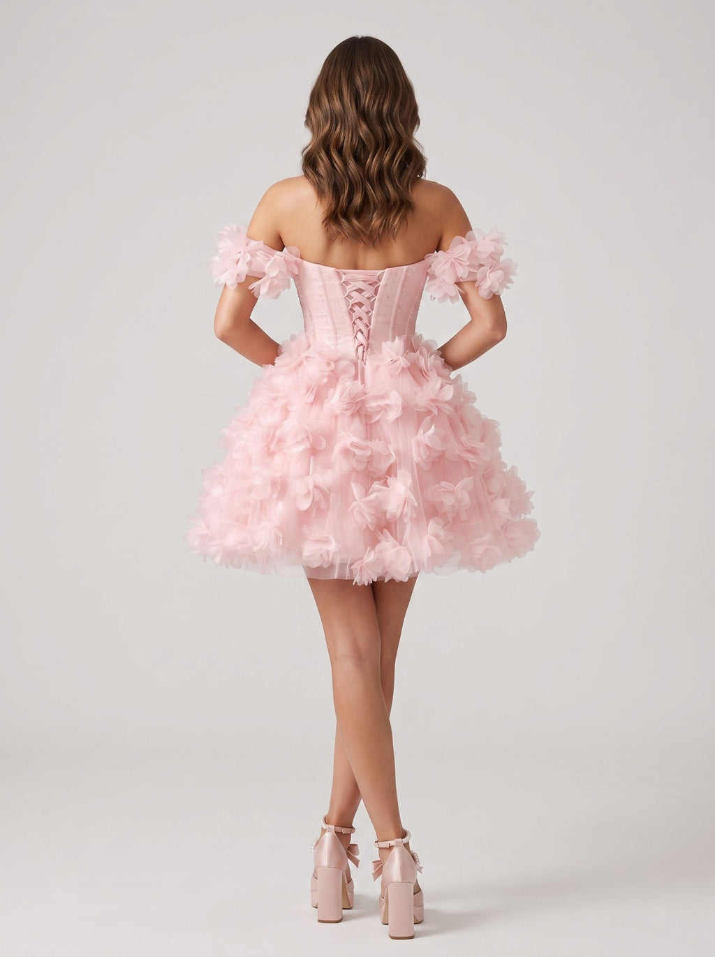 Petal Tulle A-Line Off-the-Shoulder Lace-up Short Dress with 3D Floral
