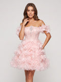 Petal Tulle A-Line Off-the-Shoulder Lace-up Short Dress with 3D Floral