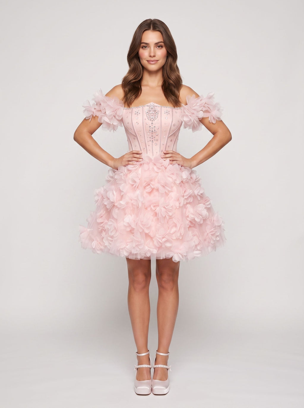 Petal Tulle A-Line Off-the-Shoulder Lace-up Short Dress with 3D Floral