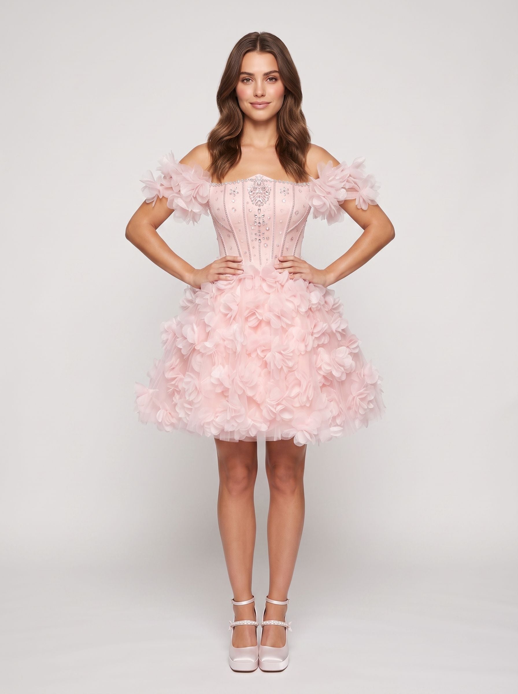 Petal Tulle A-Line Off-the-Shoulder Lace-up Short Dress with 3D Floral