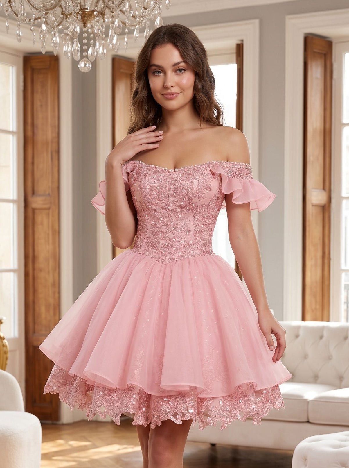 Petal Tulle A-Line Off-the-Shoulder Lace-up Short Dress with Beading