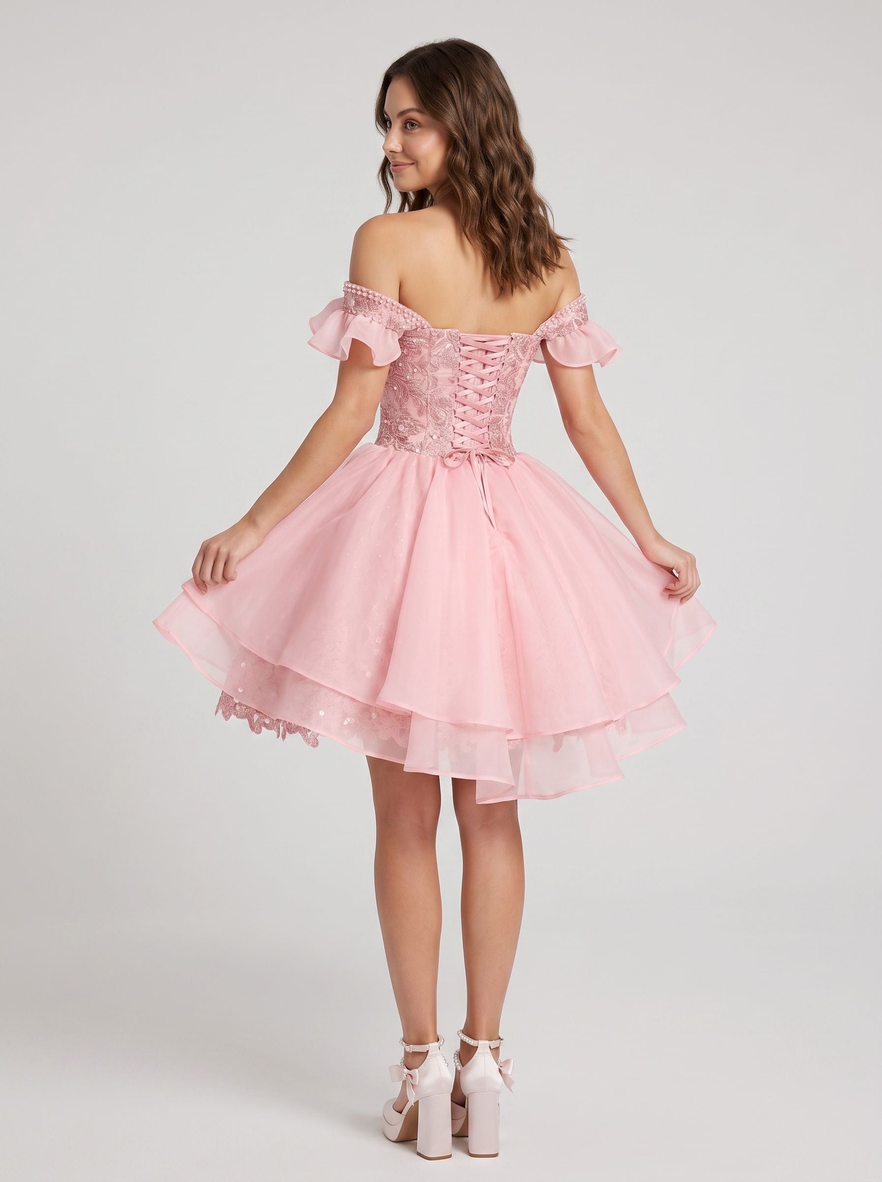 Petal Tulle A-Line Off-the-Shoulder Lace-up Short Dress with Beading