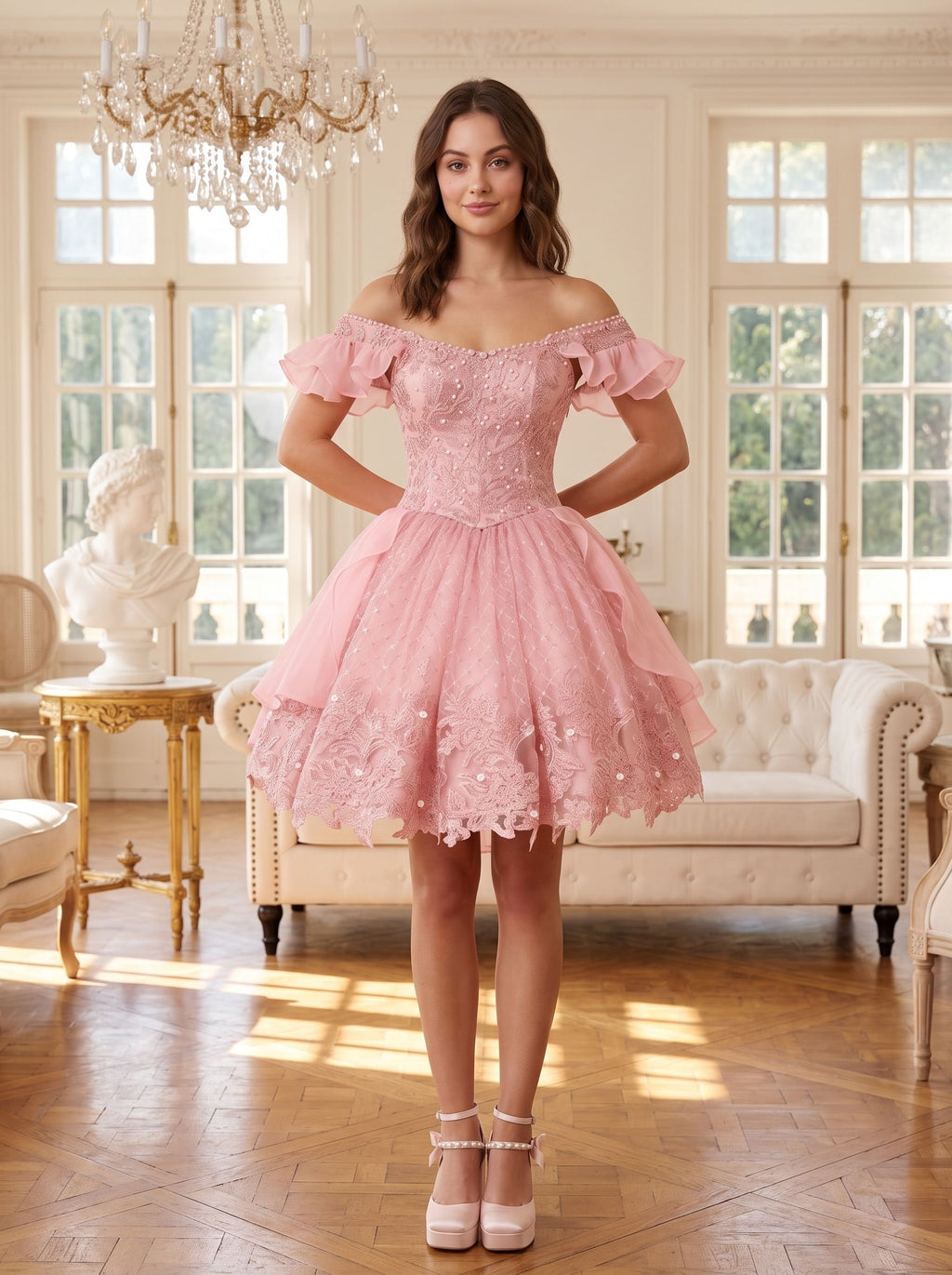 Petal Tulle A-Line Off-the-Shoulder Lace-up Short Dress with Beading