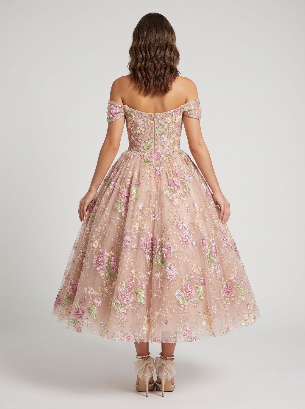 Petal Tulle A-Line Off-the-Shoulder Back Zip Tea-Length Dress with Beaded Flowers