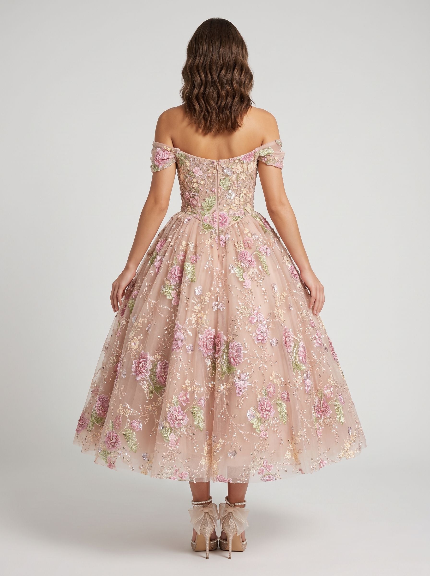 Petal Tulle A-Line Off-the-Shoulder Back Zip Tea-Length Dress with Beaded Flowers
