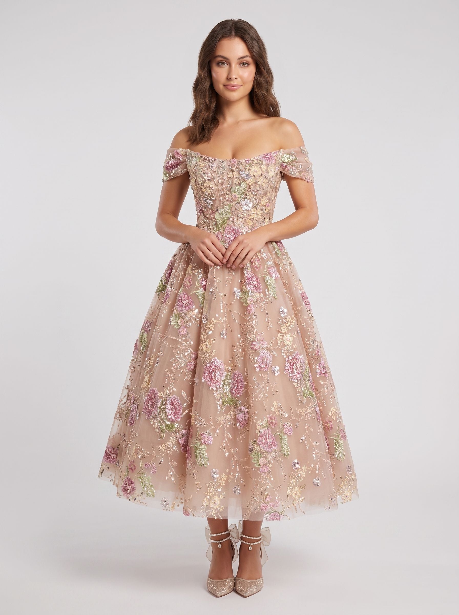 Petal Tulle A-Line Off-the-Shoulder Back Zip Tea-Length Dress with Beaded Flowers