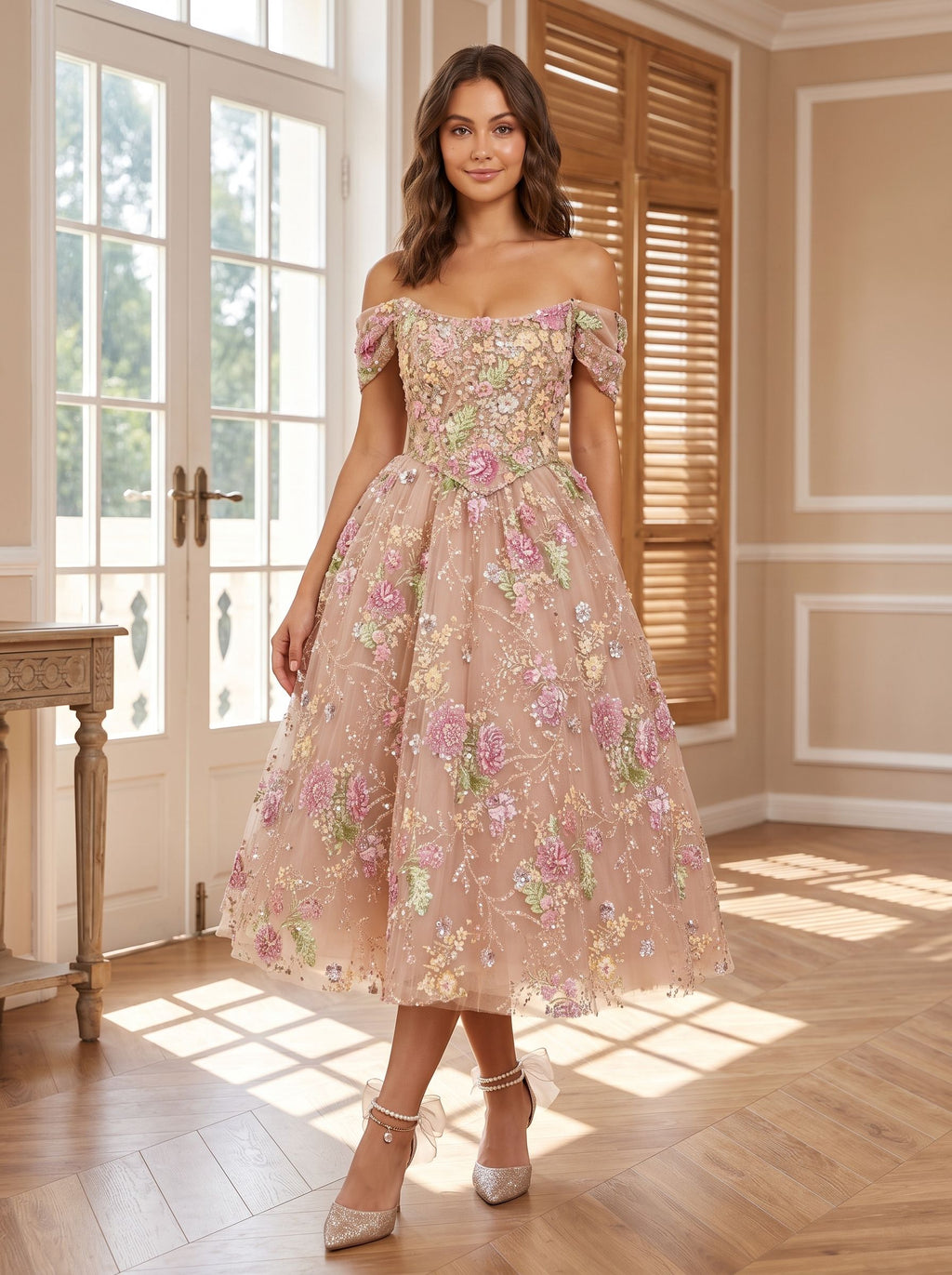 Petal Tulle A-Line Off-the-Shoulder Back Zip Tea-Length Dress with Beaded Flowers