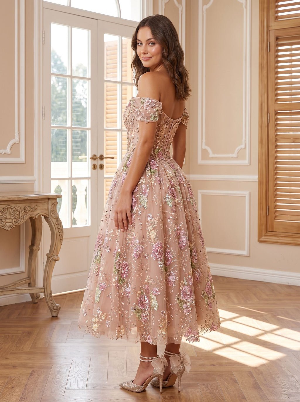 Petal Tulle A-Line Off-the-Shoulder Back Zip Tea-Length Dress with Beaded Flowers