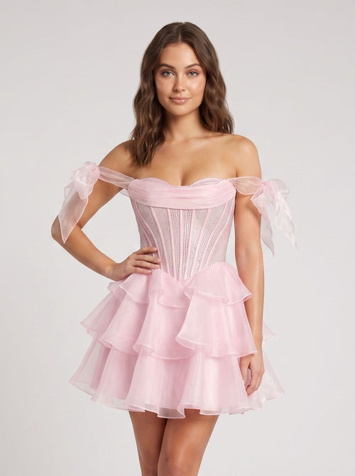 Blushing Pink Tulle A-Line Sweetheart Corset Back Short Dress with Cascading Ruffles