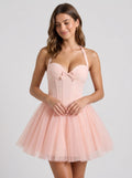 Blushing Pink Tulle A-Line Sweetheart Lace-up Short Dress with Corset Bodice