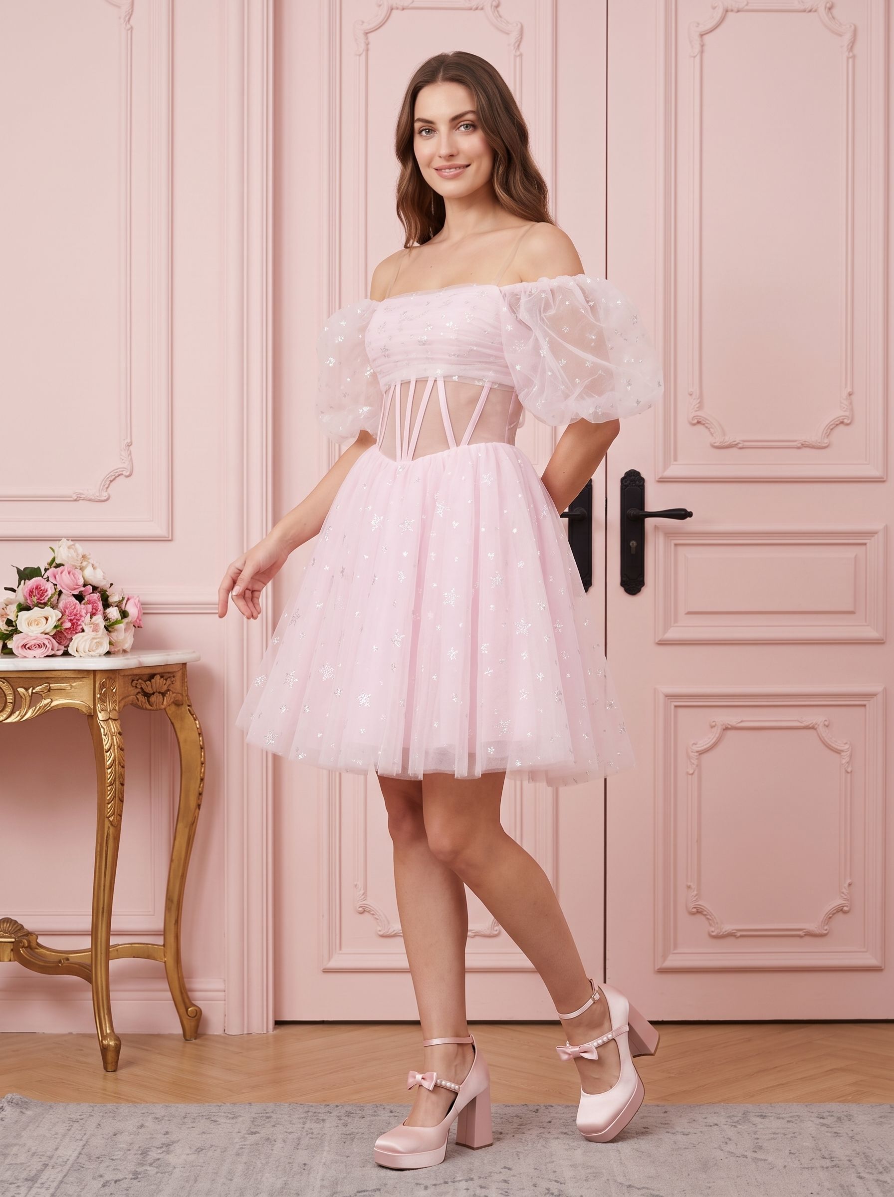 Petal Tulle A-Line Sweetheart Lace-Up Short Dress with Sequins