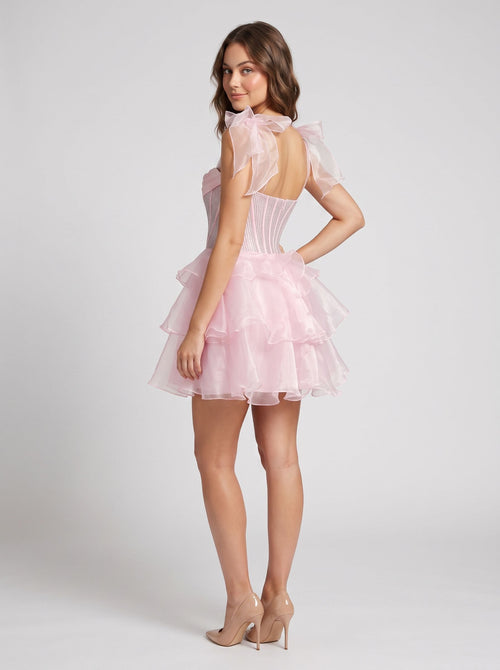 Blushing Pink Tulle A-Line Sweetheart Corset Back Short Dress with Cascading Ruffles