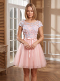 Pink Tulle A-Line Scoop Neck Lace-up Short Dress with Floral Appliques