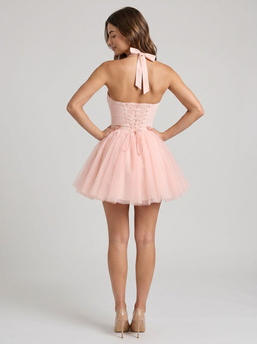 Blushing Pink Tulle A-Line Sweetheart Lace-up Short Dress with Corset Bodice