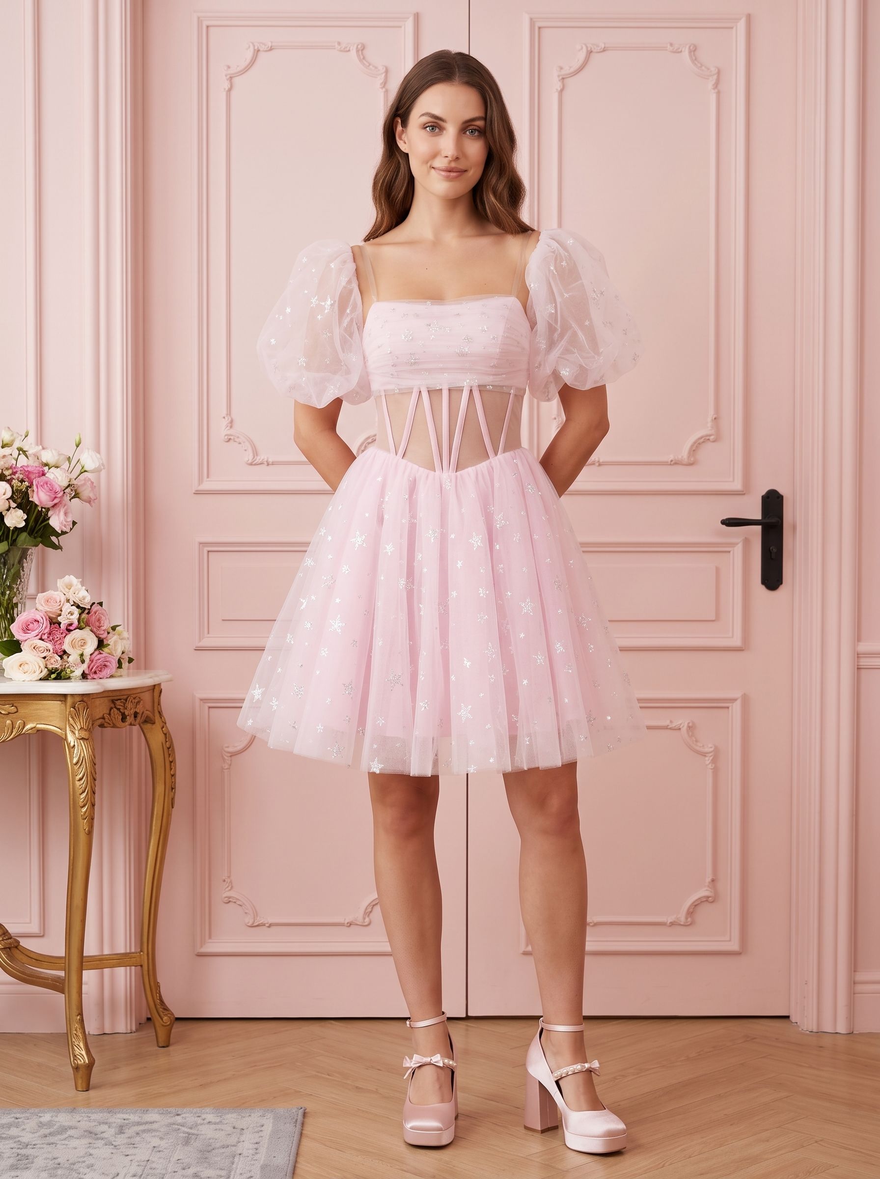 Petal Tulle A-Line Sweetheart Lace-Up Short Dress with Sequins