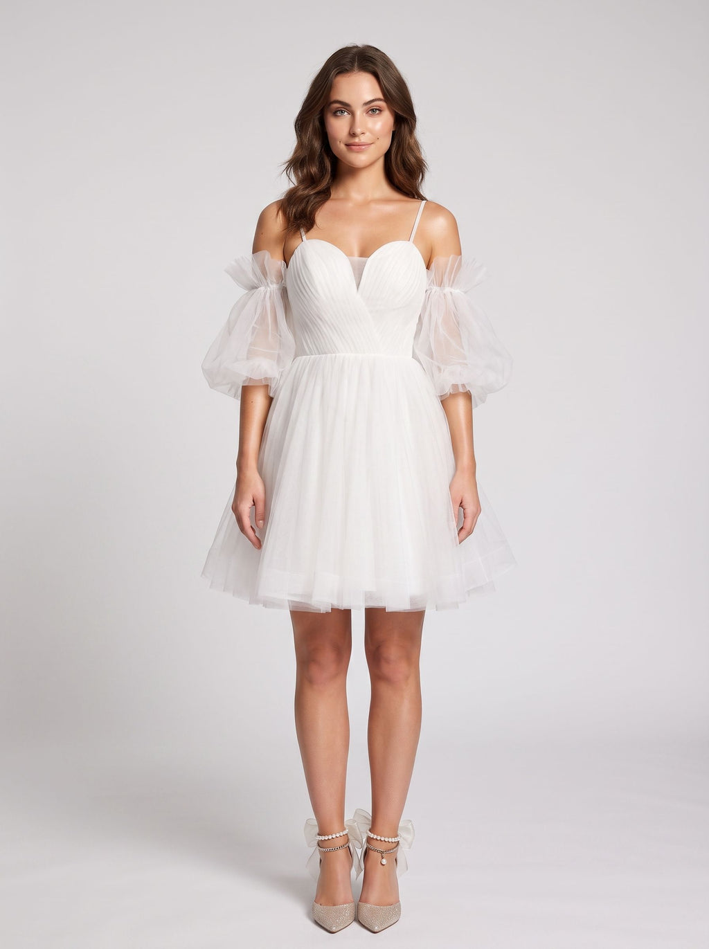 White Tulle A-Line Off-the-Shoulder Lace-up Short Dress with Spaghetti Straps
