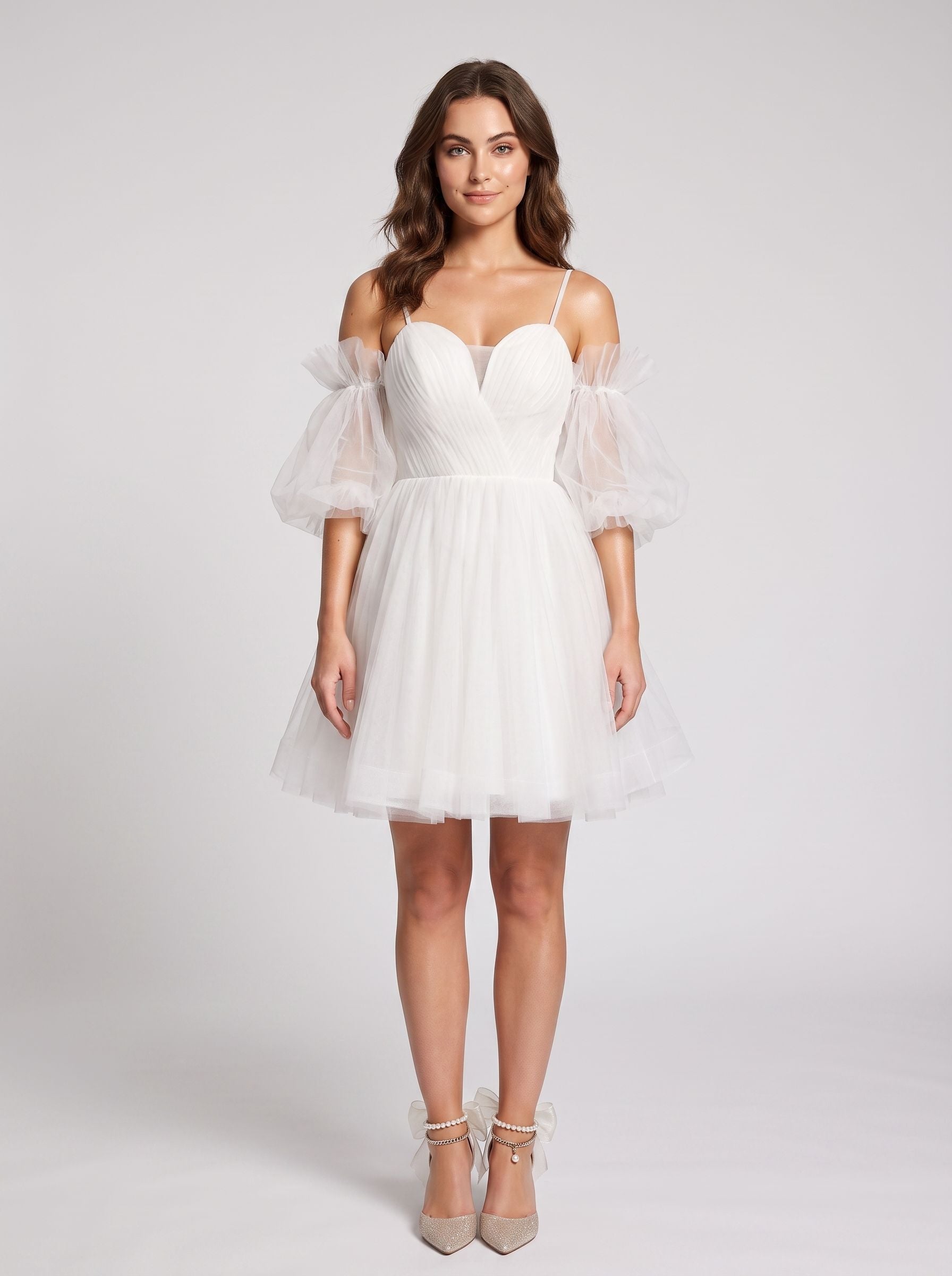 White Tulle A-Line Off-the-Shoulder Lace-up Short Dress with Spaghetti Straps