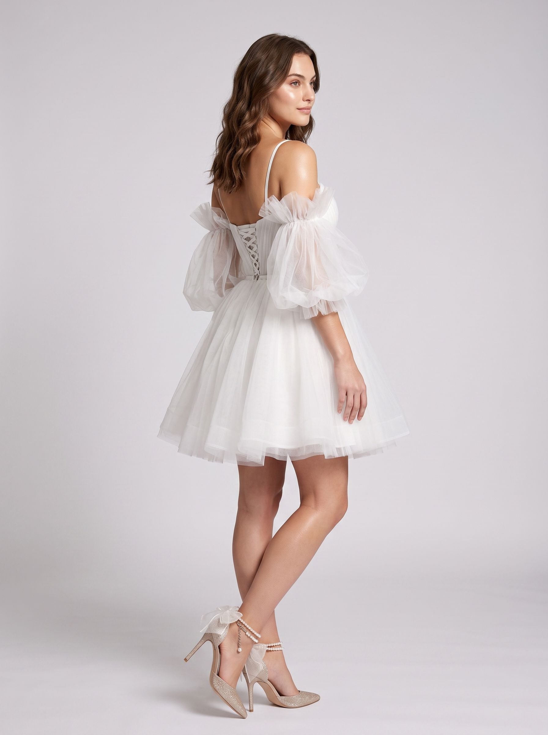 White Tulle A-Line Off-the-Shoulder Lace-up Short Dress with Spaghetti Straps