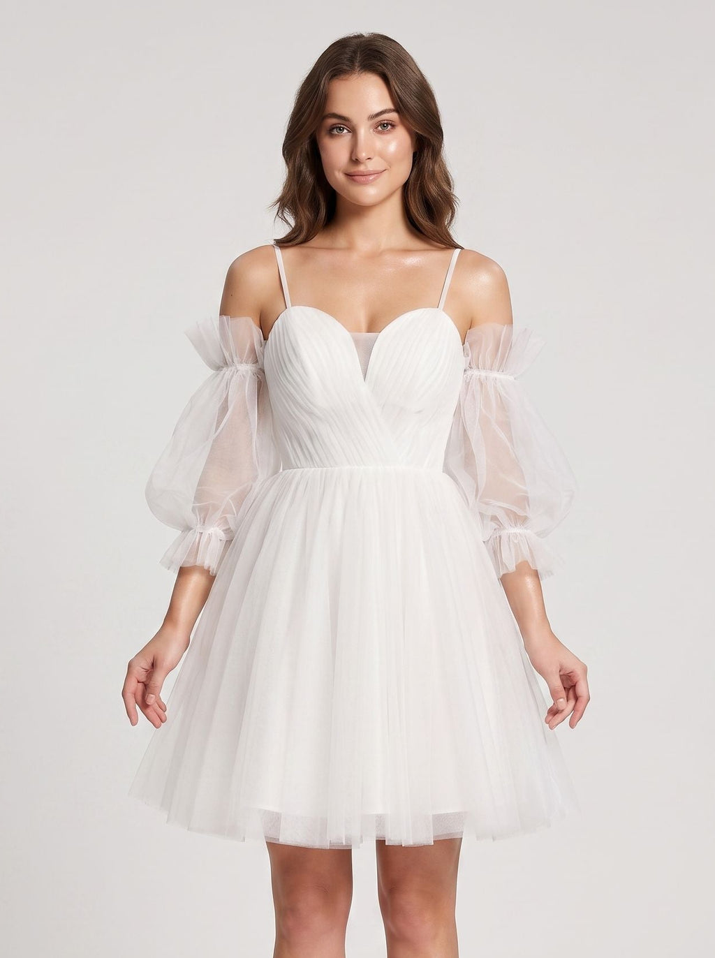 White Tulle A-Line Off-the-Shoulder Lace-up Short Dress with Spaghetti Straps