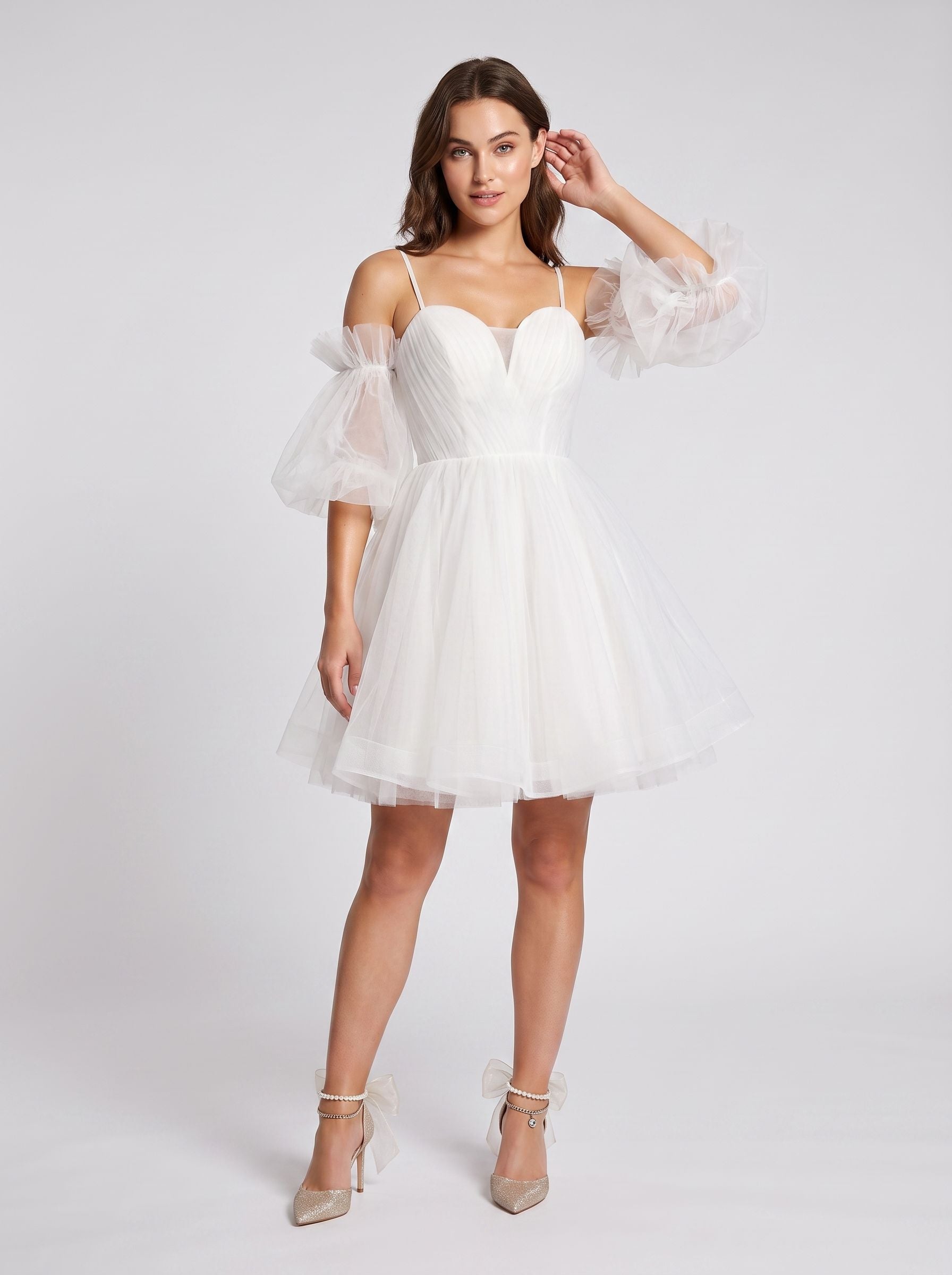 White Tulle A-Line Off-the-Shoulder Lace-up Short Dress with Spaghetti Straps