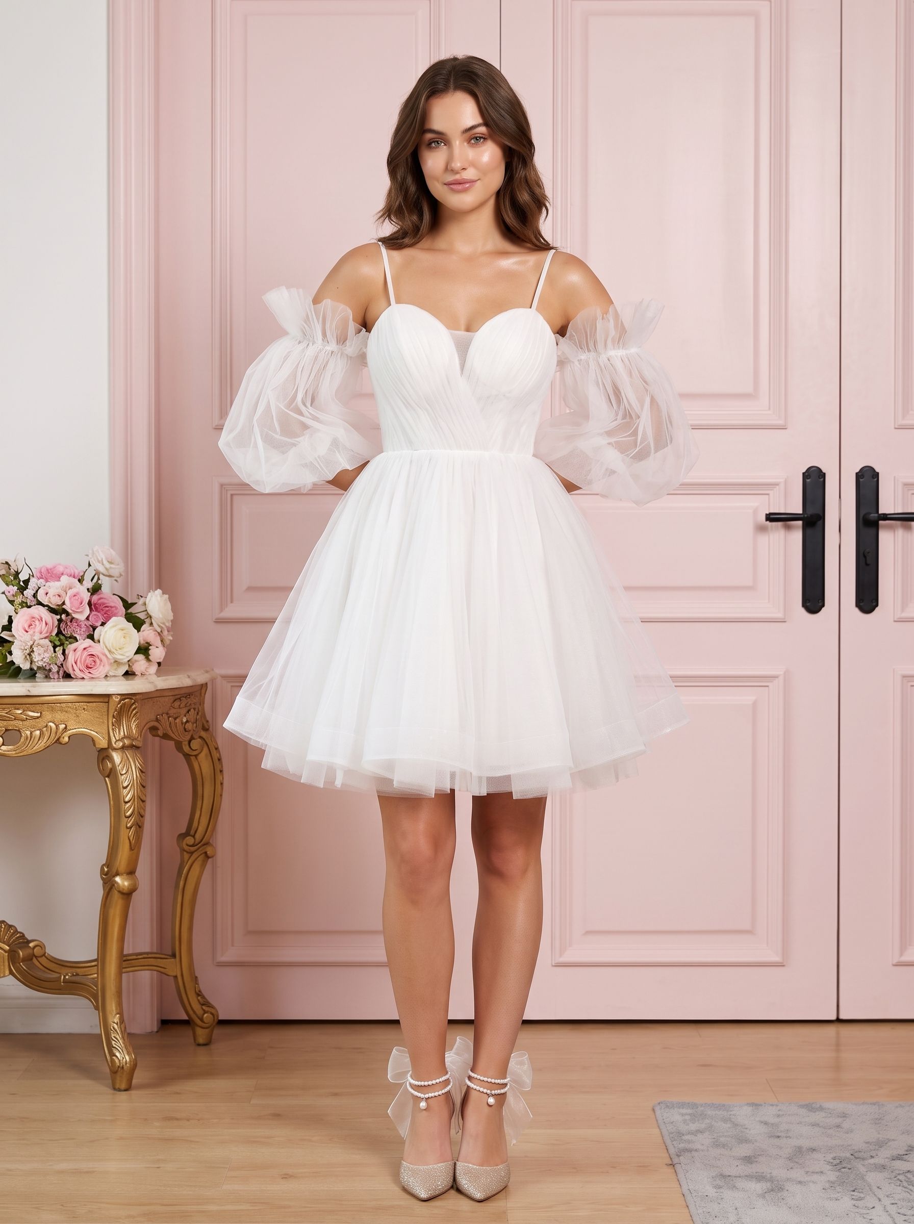 White Tulle A-Line Off-the-Shoulder Lace-up Short Dress with Spaghetti Straps