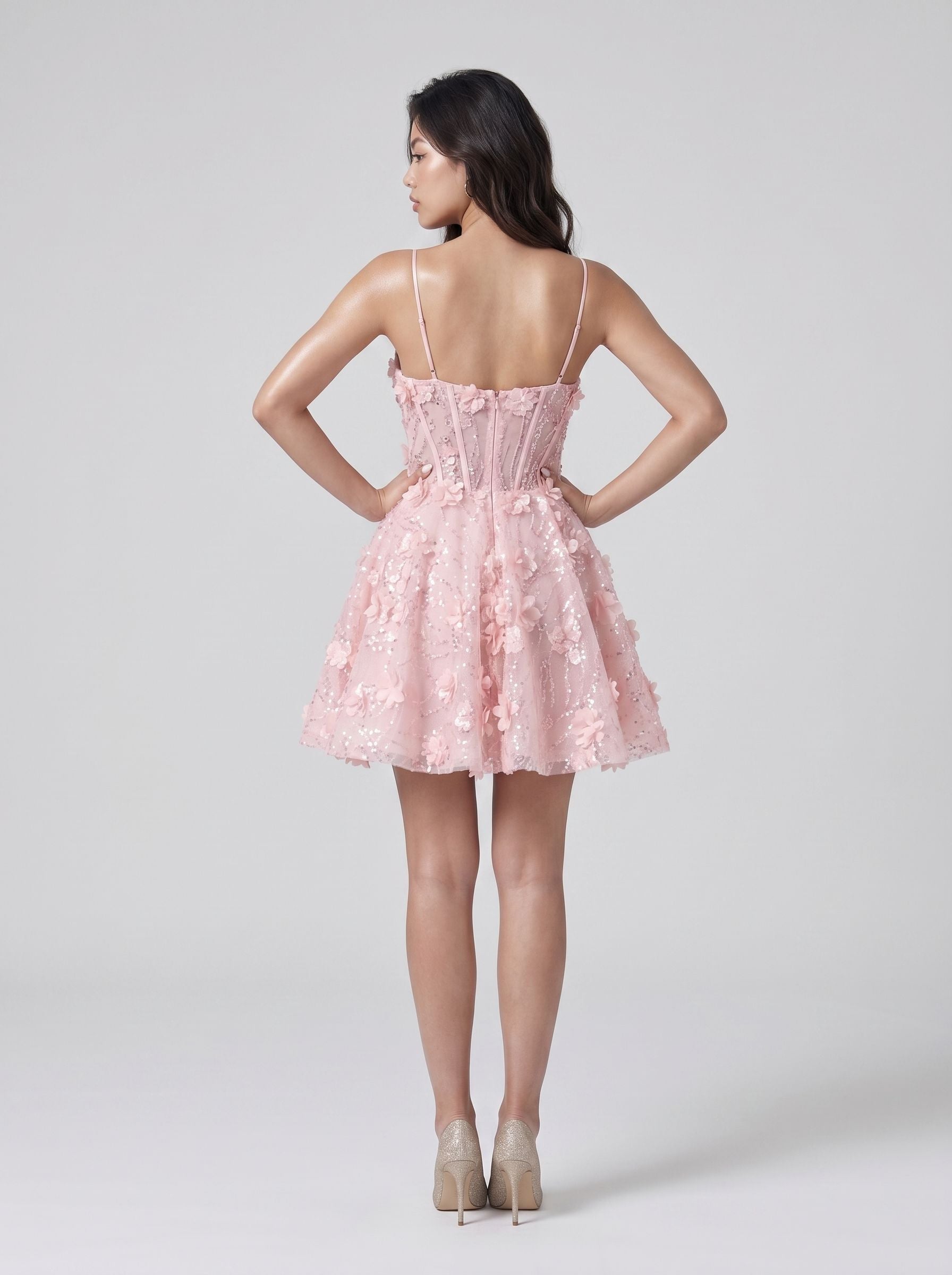 Petal Sequins A-Line Sweetheart Back Zip Short Dress with Beaded Appliques