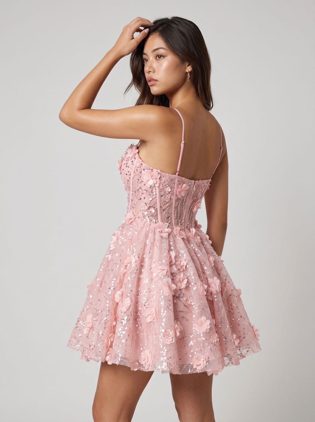 Petal Sequins A-Line Sweetheart Back Zip Short Dress with Beaded Appliques