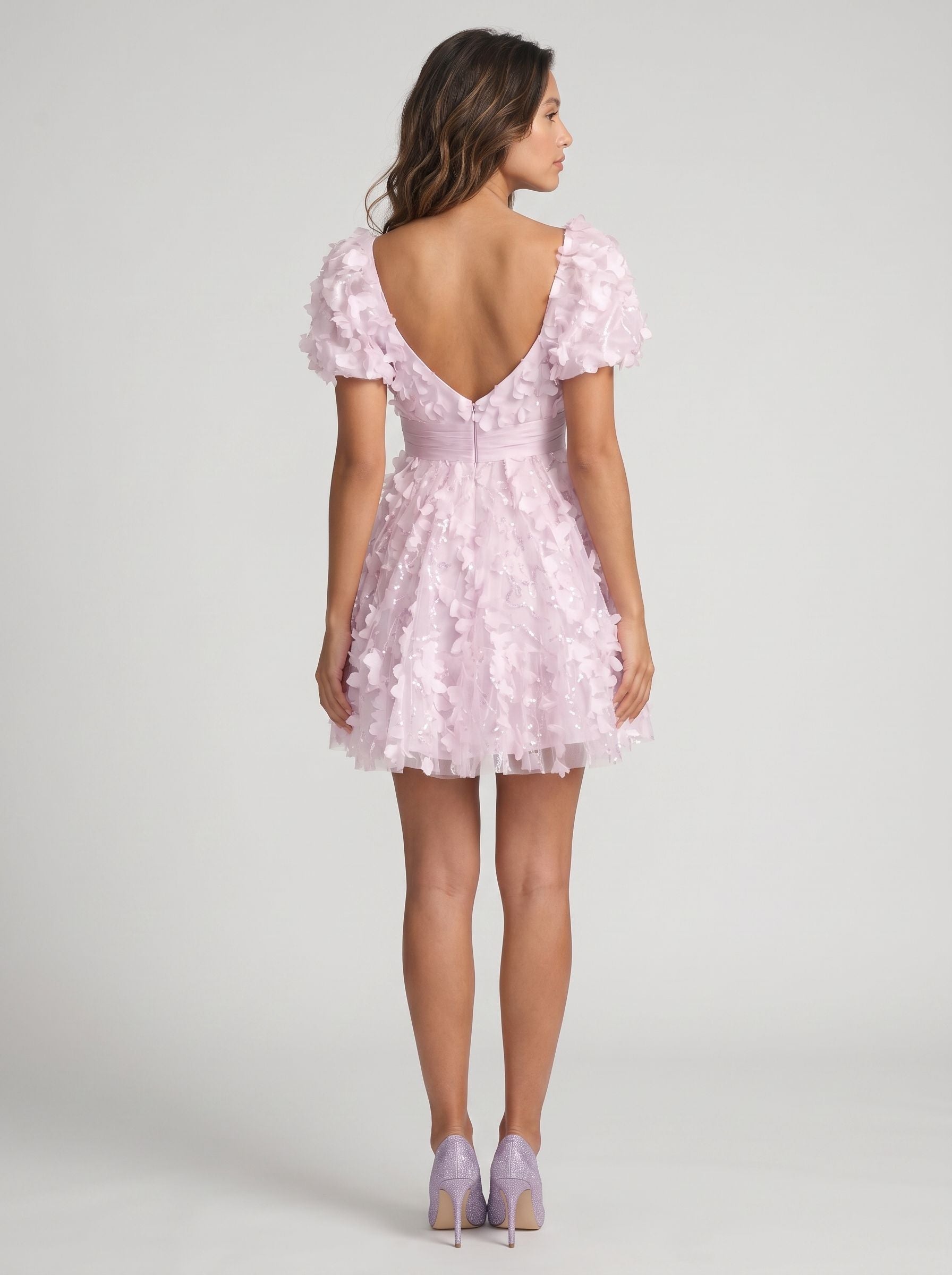 Lilac Tulle A-Line Sweetheart Back Zip Short Dress with Puff Sleeves