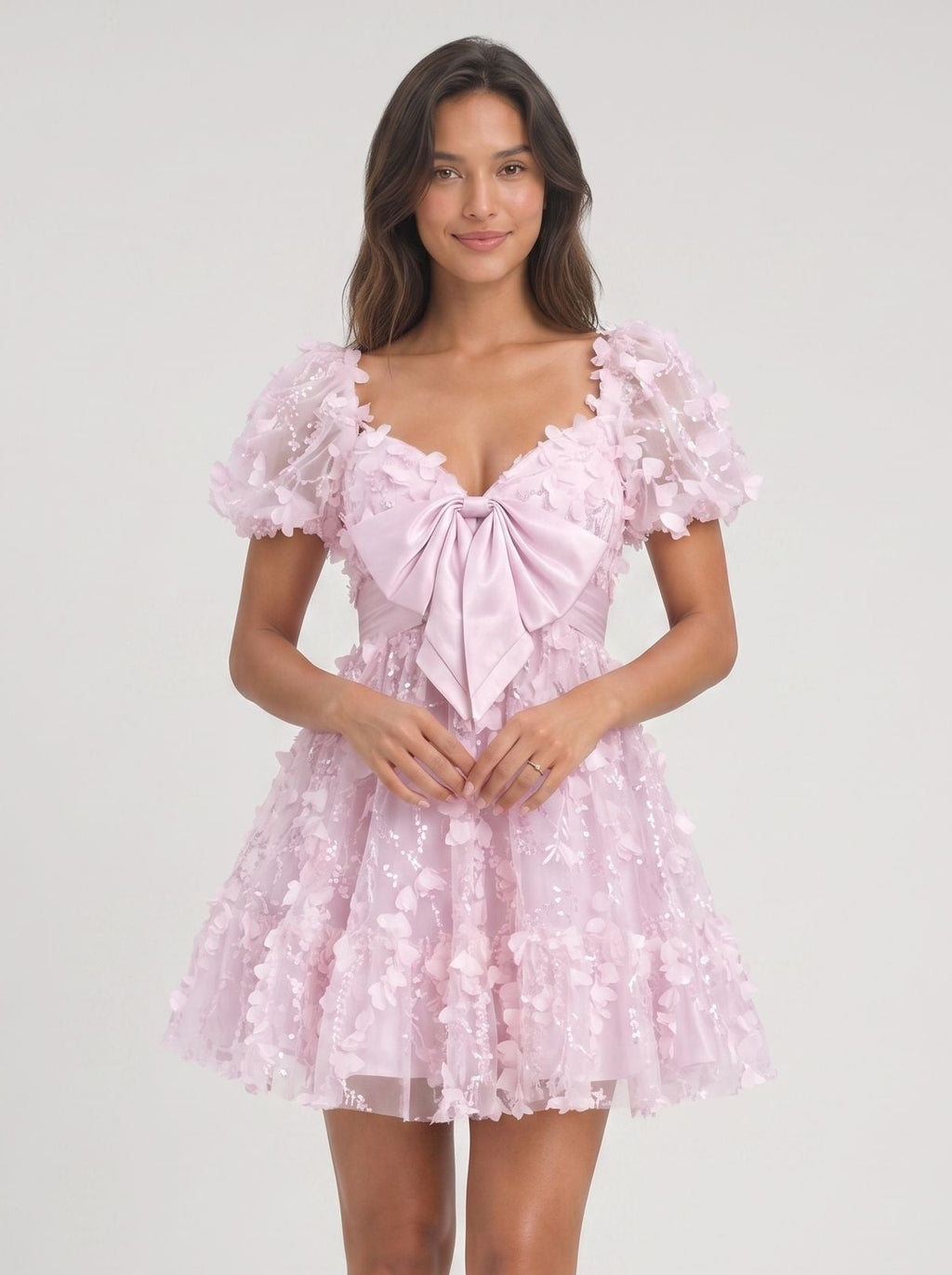 Lilac Tulle A-Line Sweetheart Back Zip Short Dress with Puff Sleeves