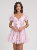 Lilac Tulle A-Line Sweetheart Back Zip Short Dress with Puff Sleeves