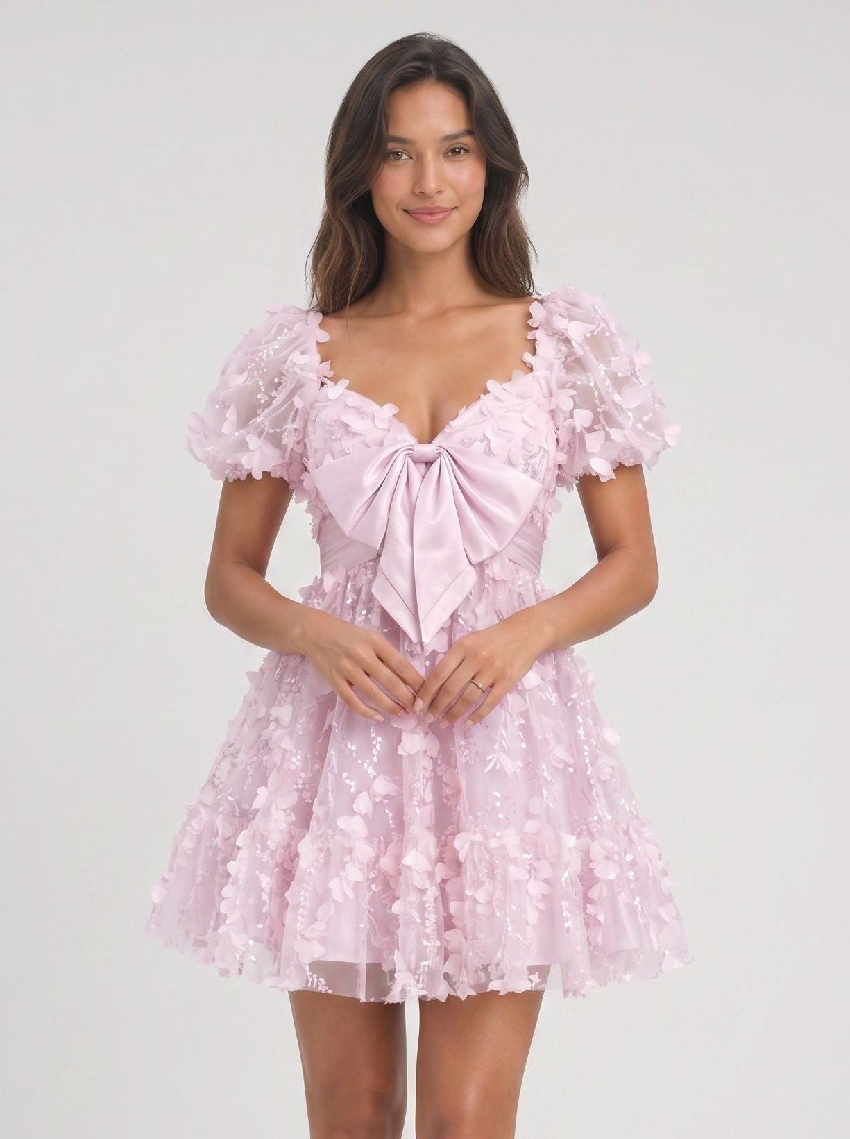 Lilac Tulle A-Line Sweetheart Back Zip Short Dress with Puff Sleeves