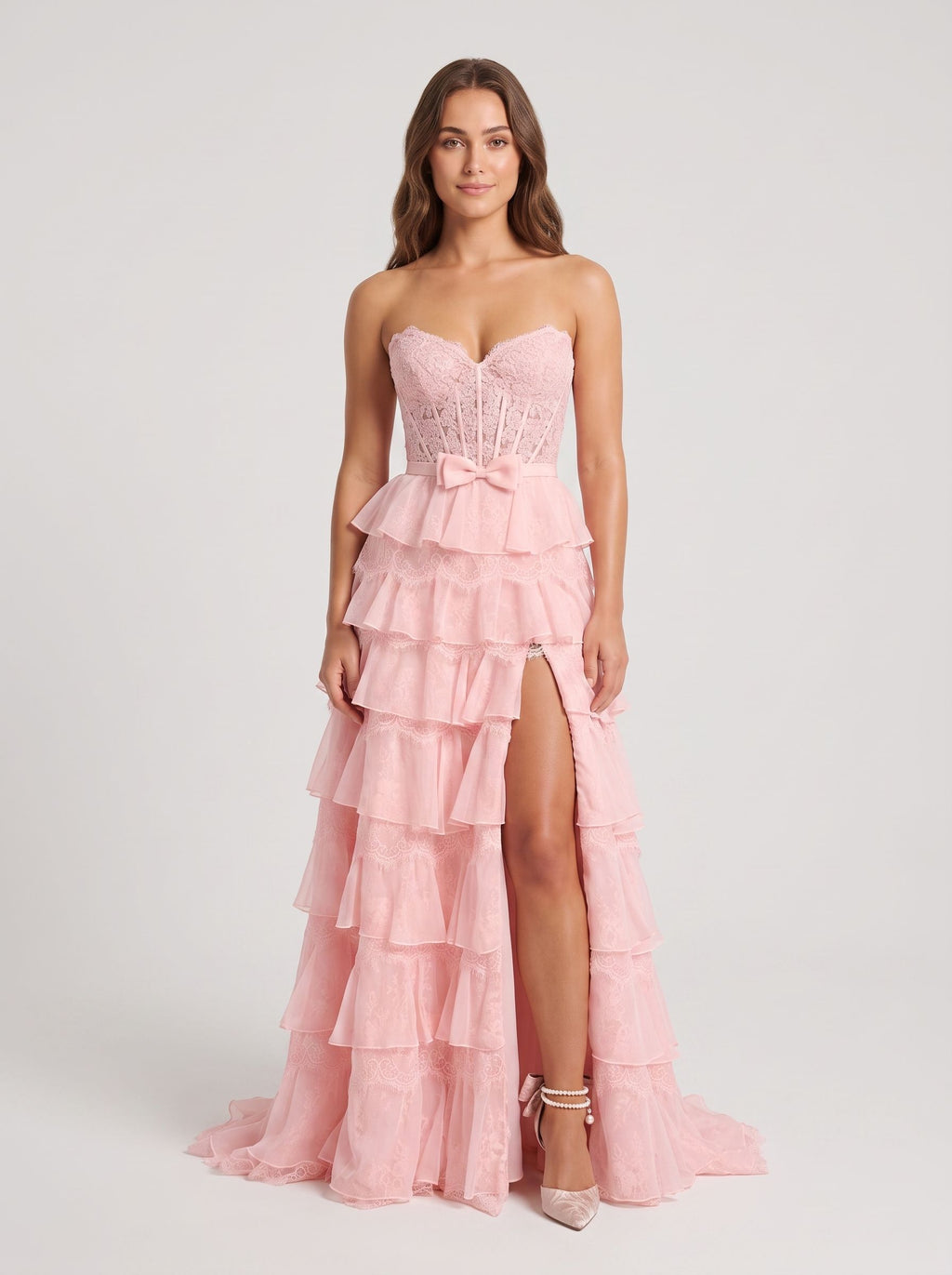 Petal Tulle A-Line V-Neck Corset Back Floor-Length Dress with Floral Appliques