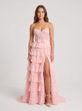 Petal Tulle A-Line V-Neck Corset Back Floor-Length Dress with Floral Appliques