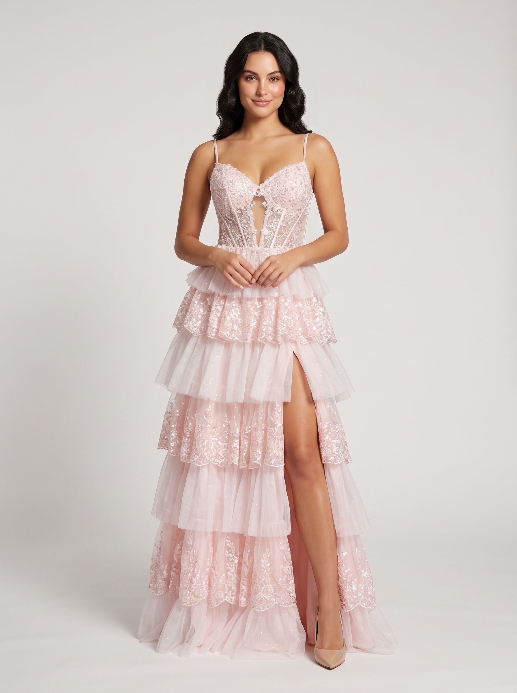 Blushing Pink Tulle A-Line Sweetheart Back Zip Floor-Length Dress with Tiered Ruffles and Slit