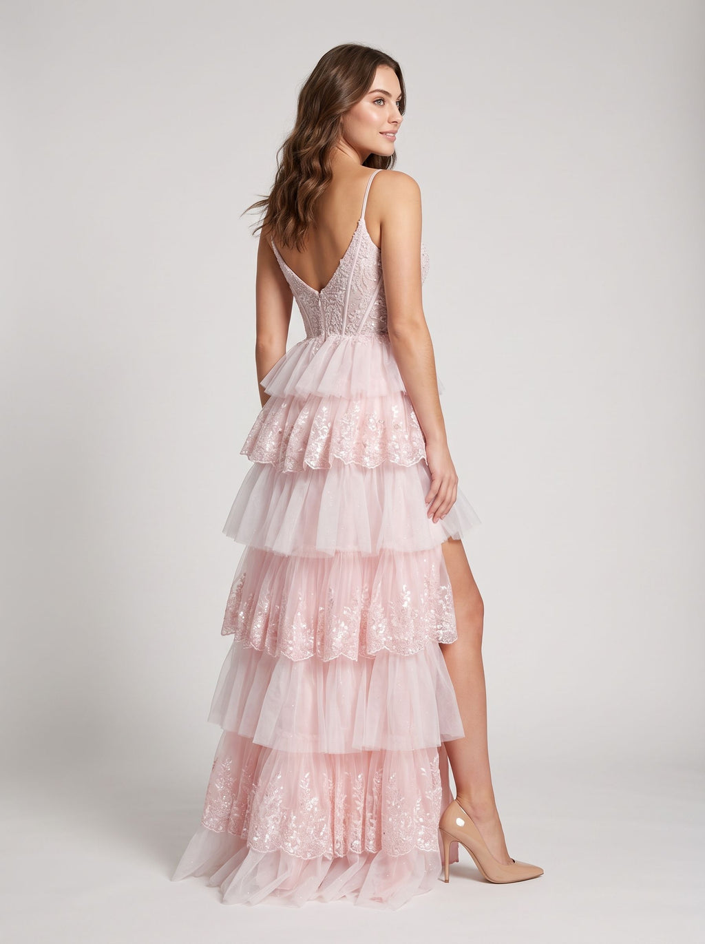 Blushing Pink Tulle A-Line Sweetheart Back Zip Floor-Length Dress with Tiered Ruffles and Slit