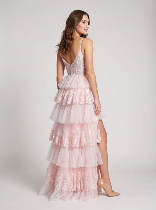 Blushing Pink Tulle A-Line Sweetheart Back Zip Floor-Length Dress with Tiered Ruffles and Slit