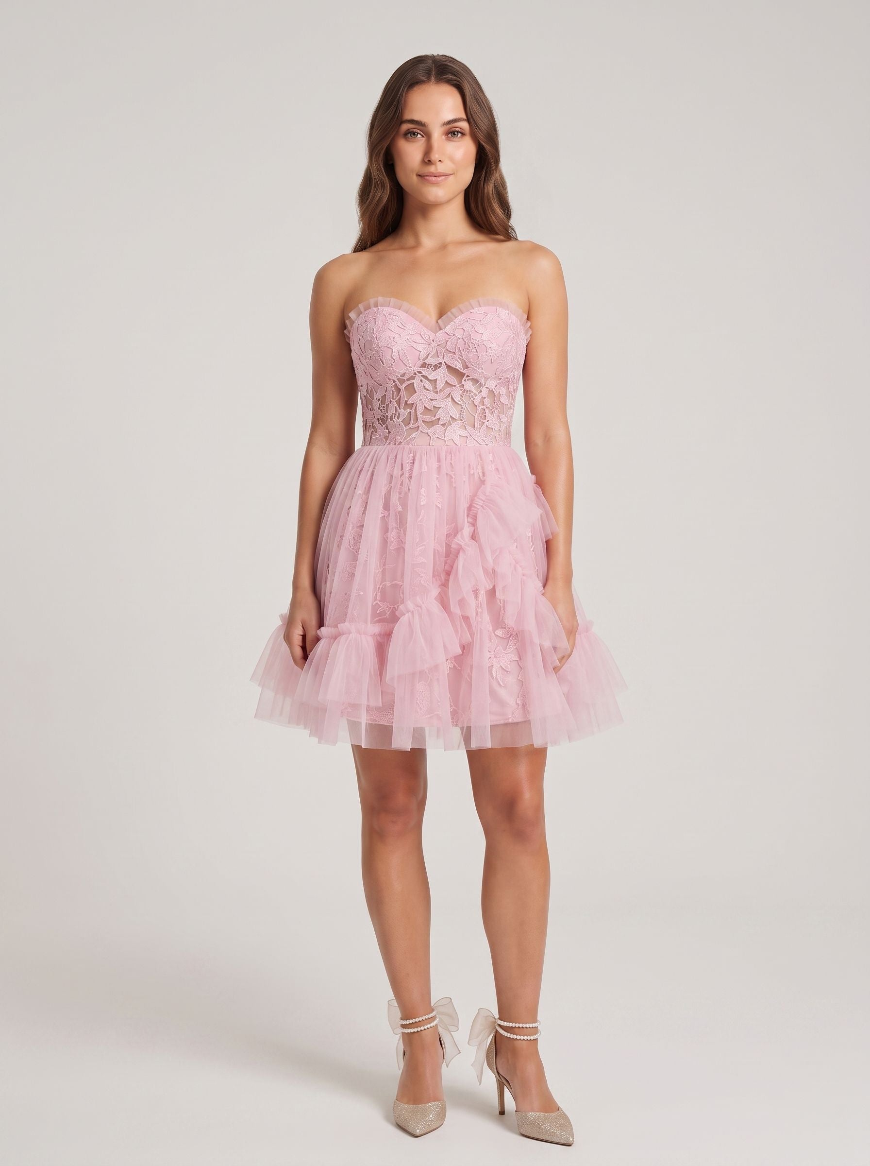 Petal Tulle A-Line Sweetheart Back Zip Short Dress with 3D Floral Appliques