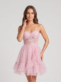 Petal Tulle A-Line Sweetheart Back Zip Short Dress with 3D Floral Appliques