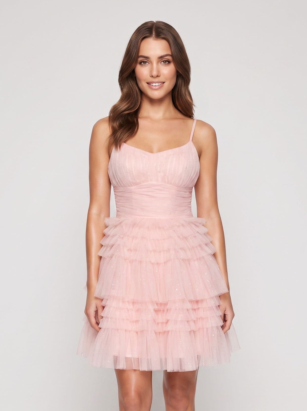 Petal Tulle A-Line Scoop Neck Criss-Cross Straps Short Dress with Tiered Ruffles