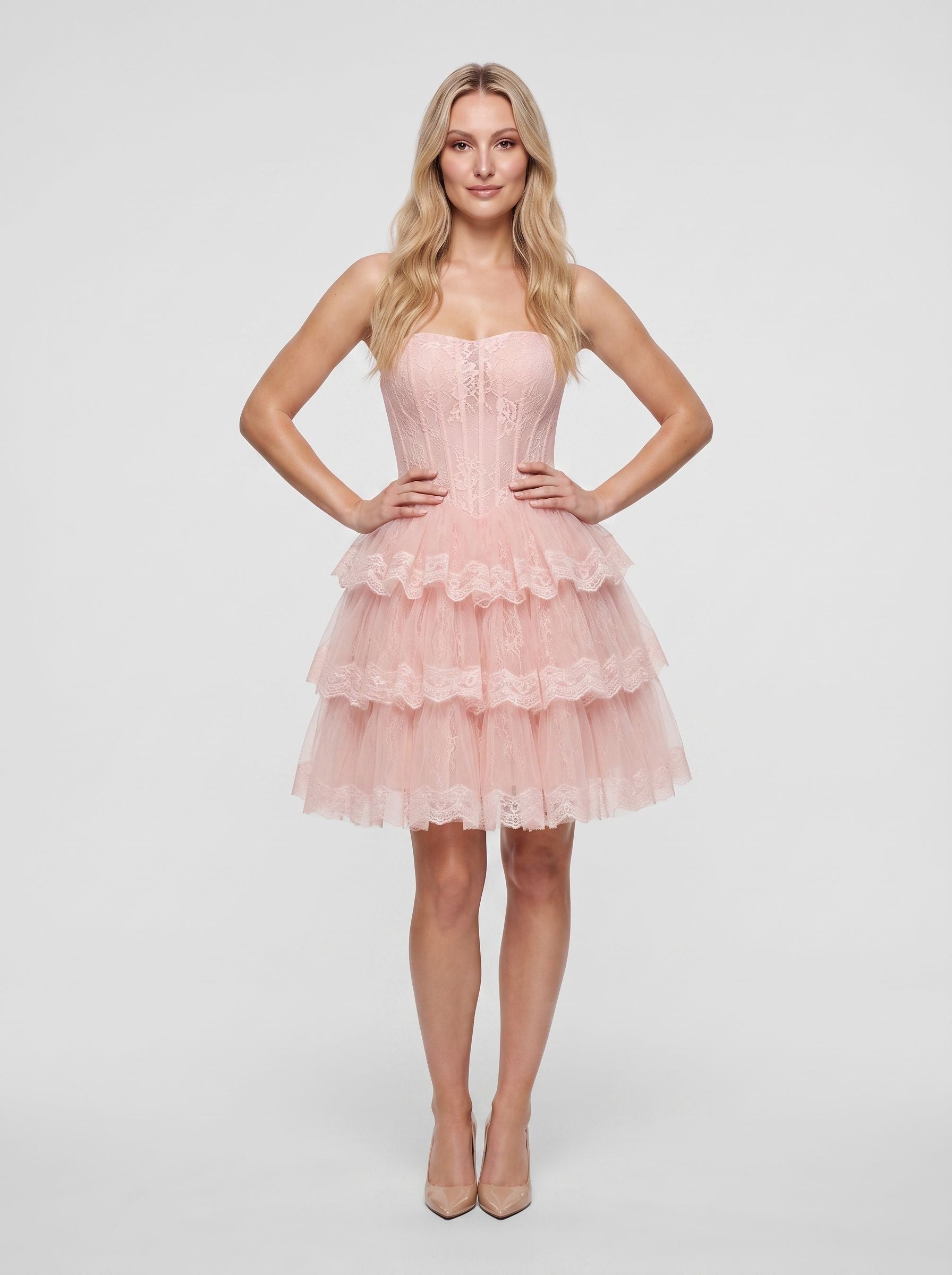 Petal Tulle A-Line Sweetheart  Back Zip Short Dress with Lace Bodice